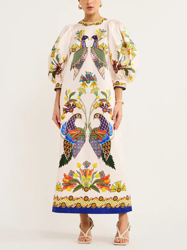Exquisite and Fun Printed Puff Sleeves Loose Midi Dress