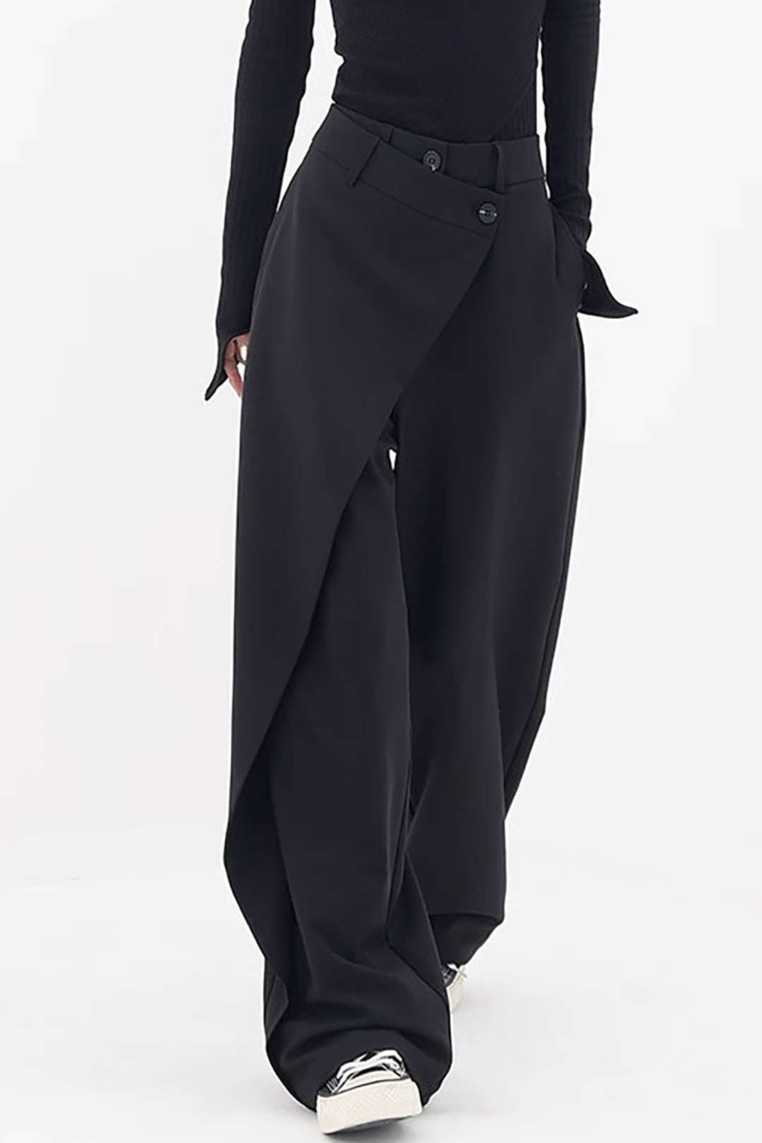 Black Draped Wrap Straight Leg Suit Pants