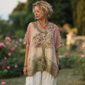 Vintage Embroidered Tree Of Life Flowers V-neck T-shirt elevenforest