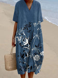 Vintage Floral Art Printed V Neck Casual Midi Dress
