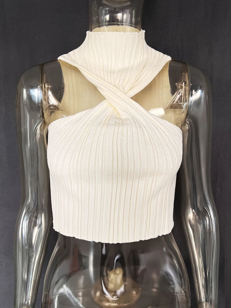 Knit Sweater Pullover Ribbed Twist Off-shoulder Slim Summer Patchwork High Waist Tank Top Knitwear Female Y2k Top