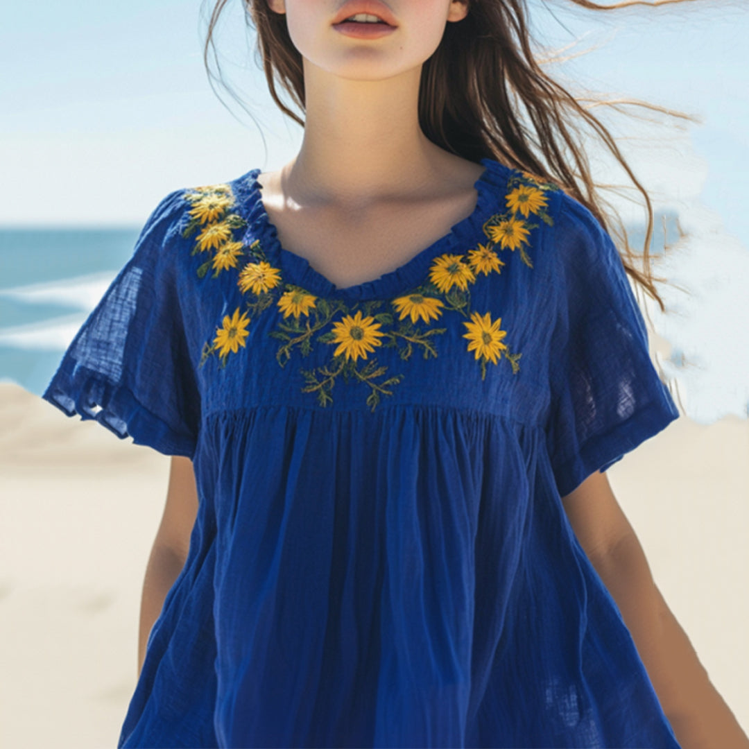 Vintage Sunflower Embroidered Art Cotton Linen Comfy V-neck Shirt elevenforest