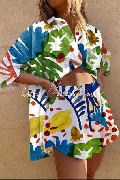 Print Button Pocket Lace Up Shorts Set