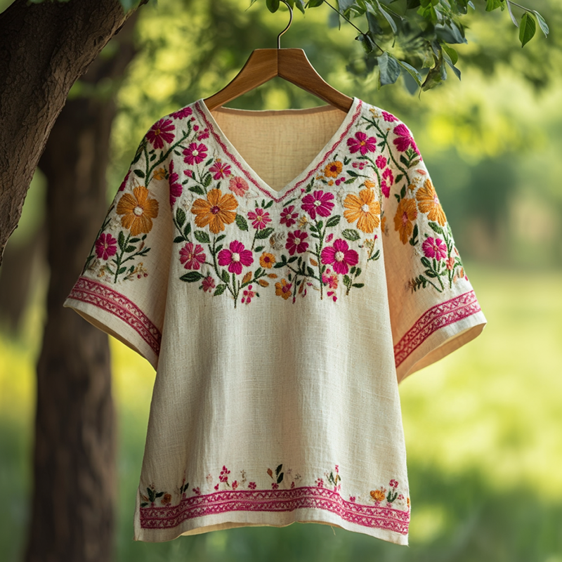 Women's Bohemian Vacation Floral V-neck T-shirt elevenforest