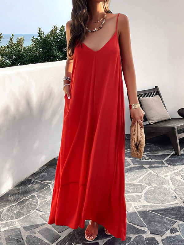 Loose Sleeveless Pleated Color Split-joint Spaghetti-neck Maxi Dresses