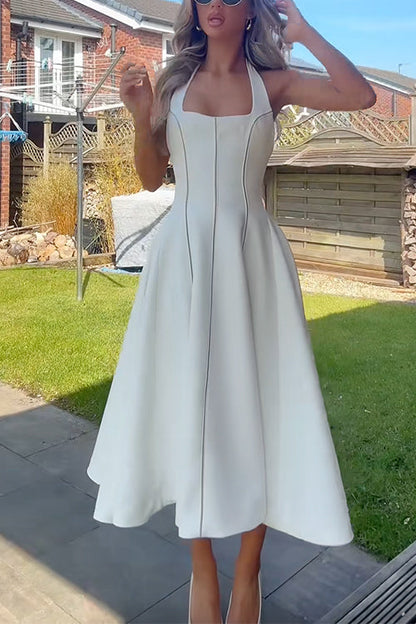 Halter Neck Backless Hollow Out Swing Midi Dress