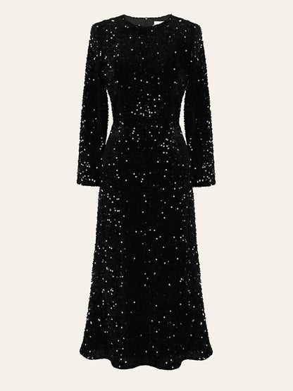 Sequin Decorated Velvet Midi Dress in Black