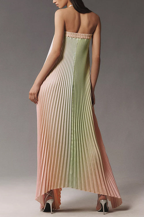 Moxidress Strapless Color Block Gradient Pleated Maxi Dress