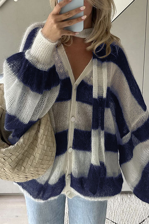 Moxidress Lantern Sleeves Button Down Color Block Stripes Sweater With Scarf