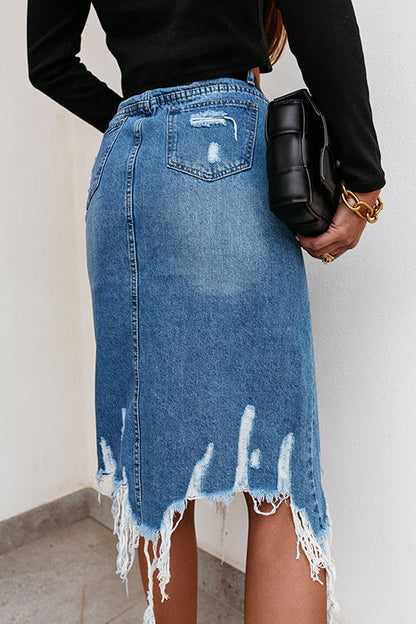 Moxidress Irregular Frayed Hem Ribbed Denim Skirt