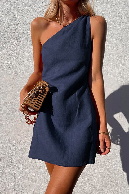 One Shoulder Sleeveless Cotton Linen Mini Dress