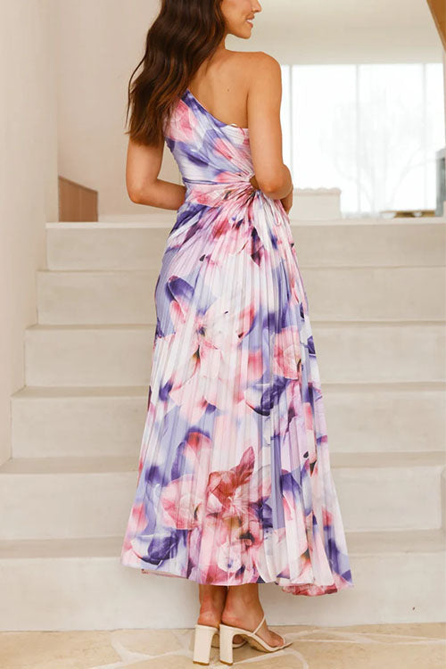 Moxidress One Shoulder Sleeveless Cut Out Print Pleated Maxi Dress