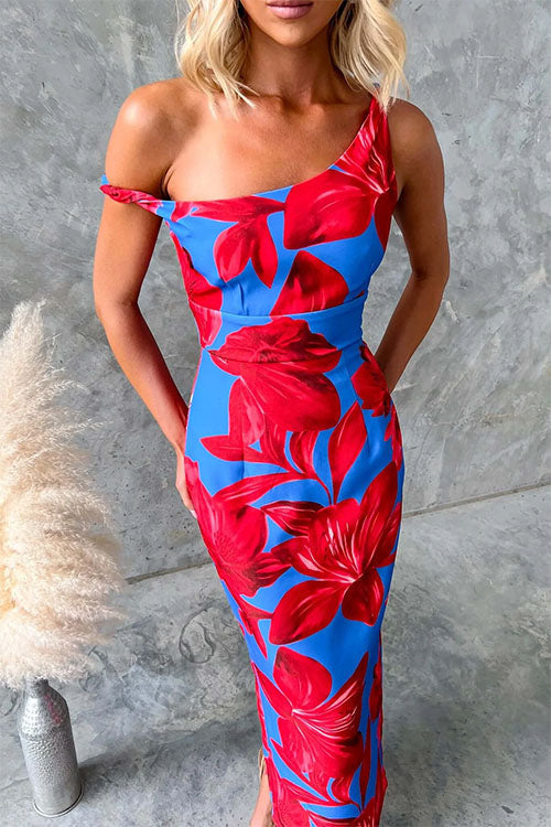 Asymmetric Neck Back Slit Print Maxi Dress