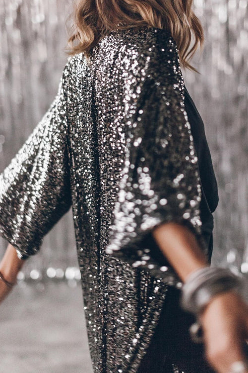 3/4 Sleeves Open Front Sequin Shinny Midi Cardigan