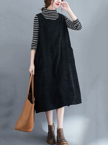 Corduroy Sleeveless Split-joint Round-neck Midi Dress