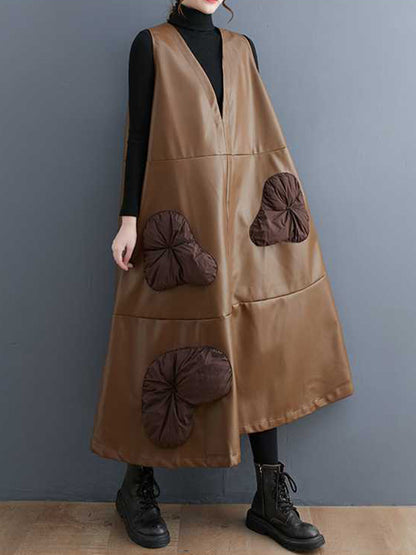 A-line Loose Flower-embellished Split-joint V-neck Midi Dresses