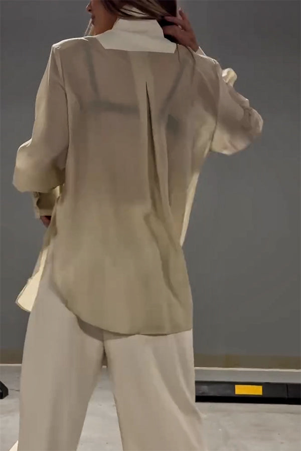 And Chiffon Patchwork Irregular Lace-up Jacket and Pocketed Straight-leg Pants Set