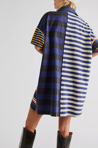 Contrast Striped Patchwork Denim Lapel Loose Mini Dress