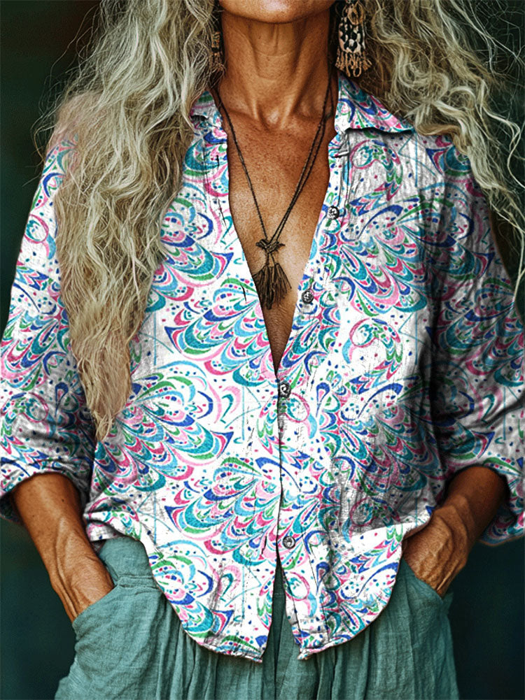 Women's Hippie Art Painting Swan Print V-Neck Shirt