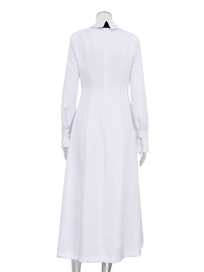 A-line Flared Sleeves Buttoned Color Split-joint Split-side Lapel Maxi Dresses Shirt Dress