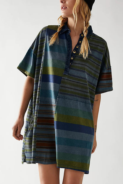 Contrast Striped Patchwork Denim Lapel Loose Mini Dress
