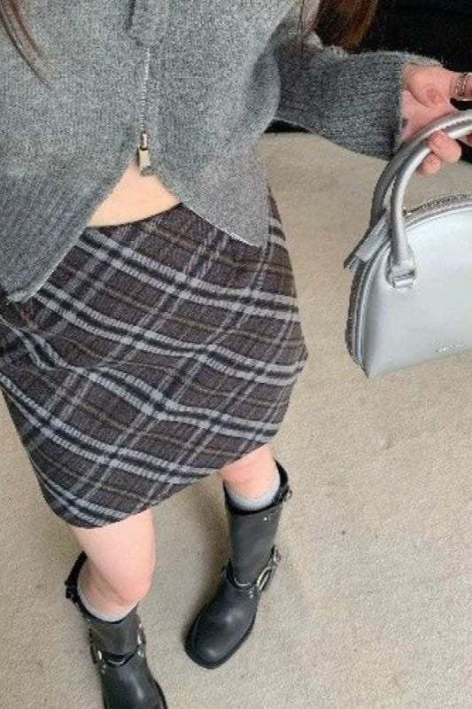 Tweed Plaid High Waist Fitted Short Skirt
