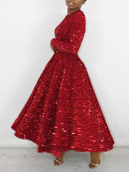 A-line High Waisted Sequined Split-joint Zipper Round-neck Maxi Dresses