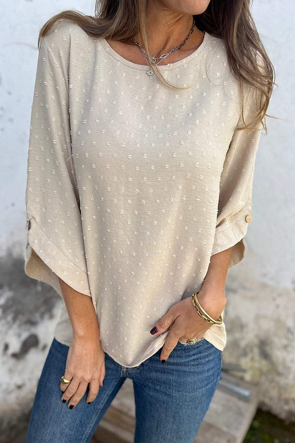 Kaitlin Chiffon Jacquard Button Half Sleeve Loose Blouse