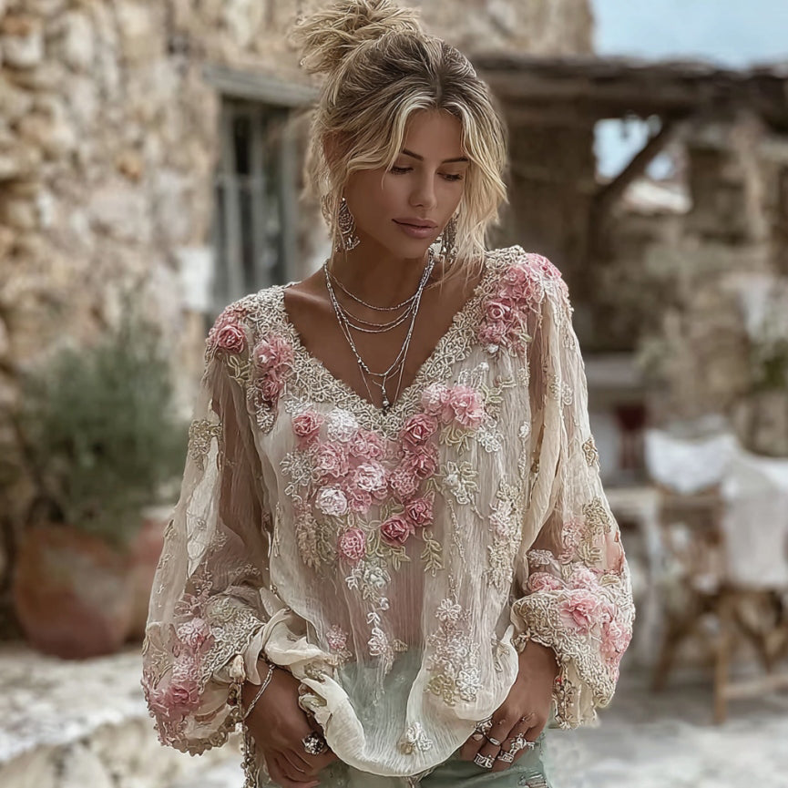 Women's Pink Floral Embroidery V-neck Linen Blend Long Sleeve T-shirt elevenforest