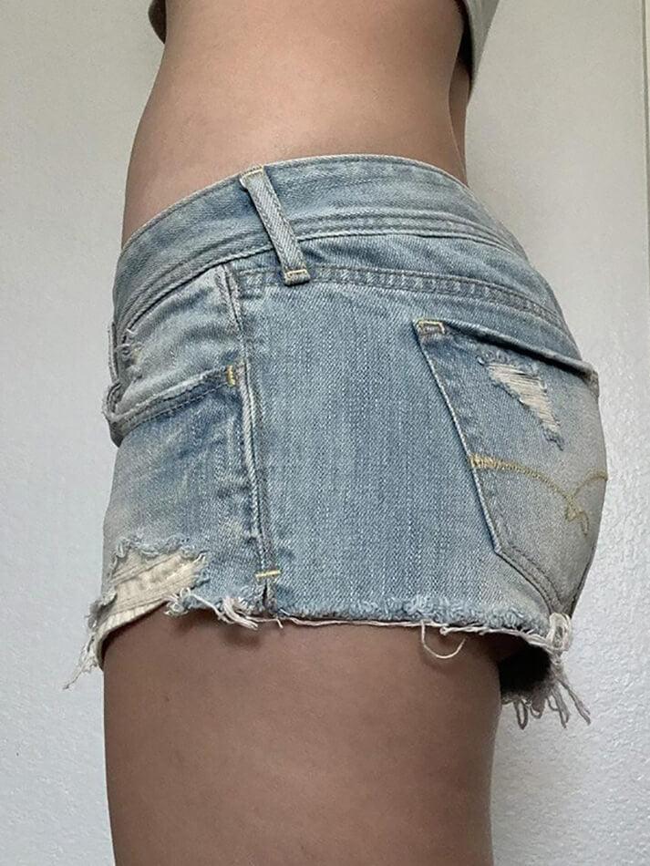 Blue Low Rise Frayed Denim Shorts