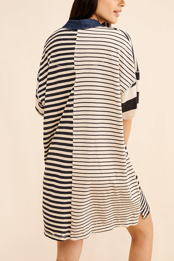 Contrast Striped Patchwork Denim Lapel Loose Mini Dress