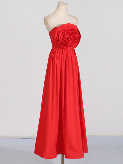 High Waisted Loose Pleated Color Split-joint Three-dimensional Flower Zipper Tube Maxi Dresses