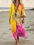 Women's Sun Colorblocked Pattern Art Print Pocket Cotton Dress