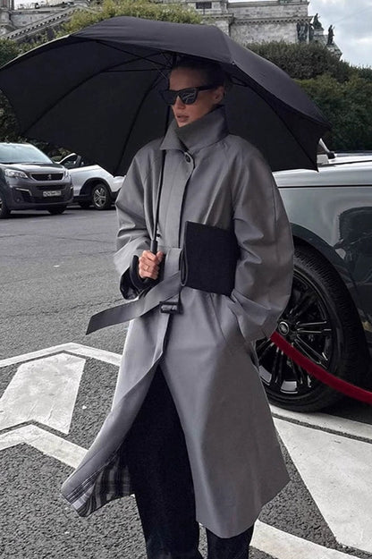 Lazy- European Color Stand Collar Belted Long Overcoat