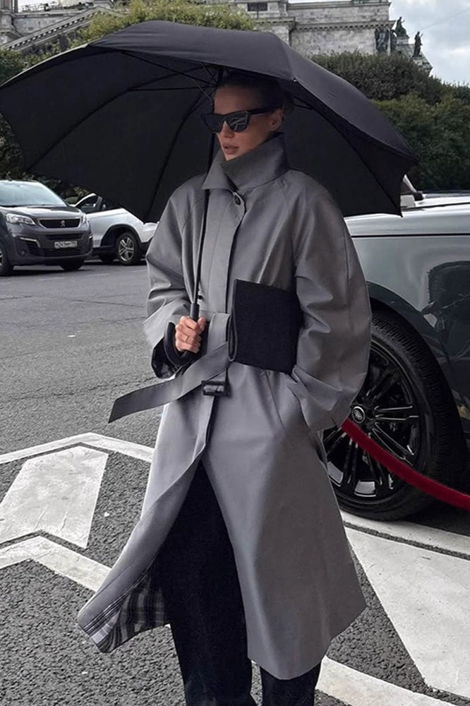 Lazy- European Color Stand Collar Belted Long Overcoat