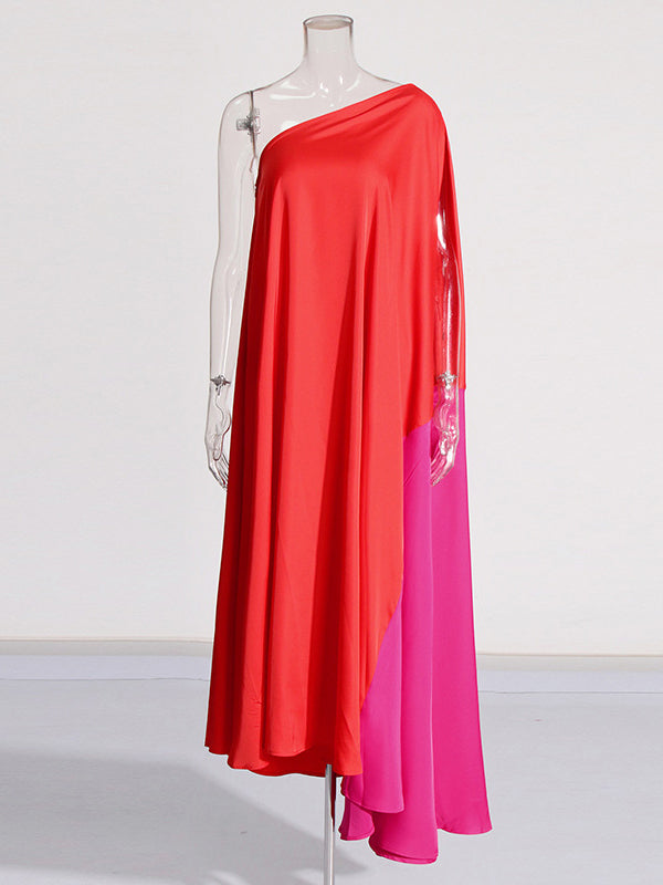High Waisted Loose Asymmetric Contrast Color Split-joint One-shoulder Maxi Dresses