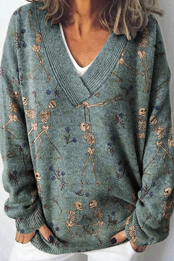 Unique Printed V-neck Long Sleeve Loose Sweater