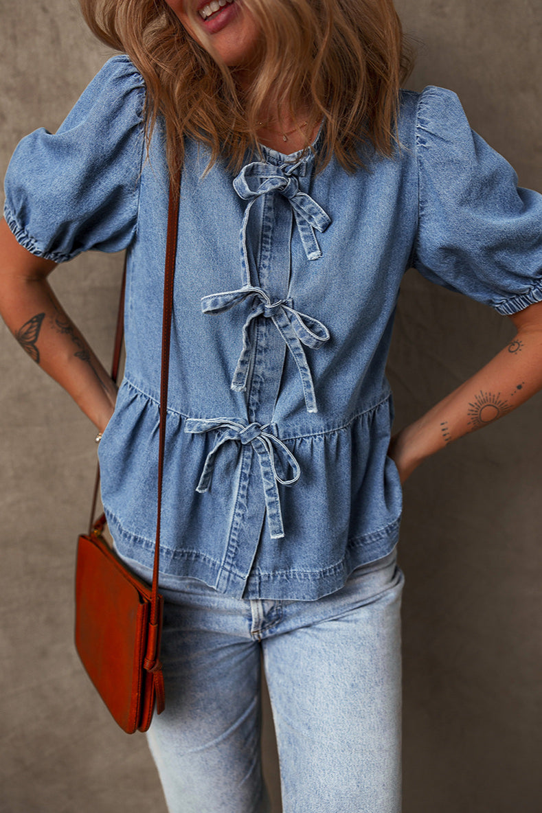 Denim Tie Bow Blouse