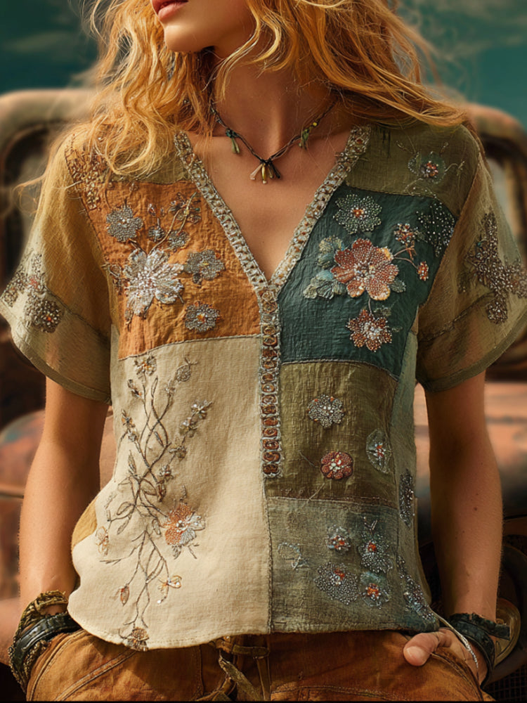 Bohemian Style Patchwork Three-dimensional Embroidery Flower And Vine Embroidery Vintage Forest V-neck Short-sleeved Shirt elevenforest