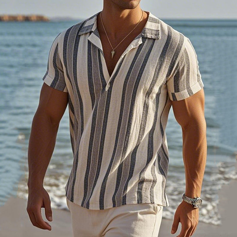 Men's Casual Vacation Cotton And Linen Striped T-shirt elevenforest