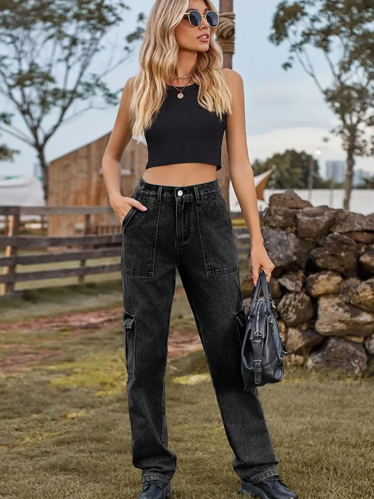 Washed Semi-elastic Denim Cargo Pants