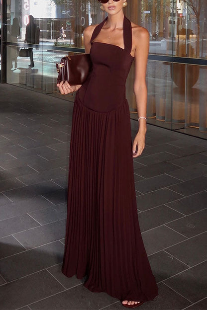 Halter Corset Pleated Splice Maxi Dress