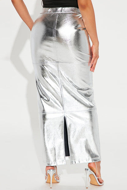High Waist Back Slit Splice Faux Leather Maxi Skirt