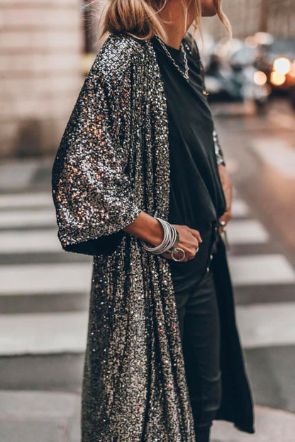 3/4 Sleeves Open Front Sequin Shinny Midi Cardigan
