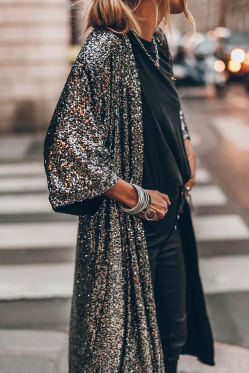 3/4 Sleeves Open Front Sequin Shinny Midi Cardigan