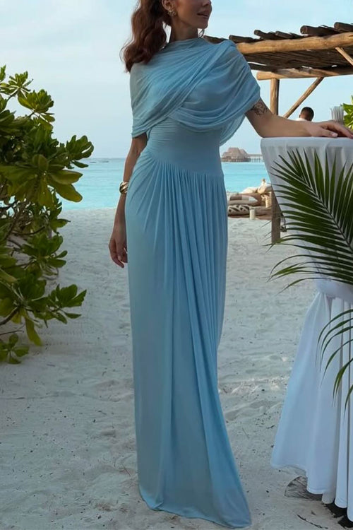 Moxidress Shawl Collar Ruched Asymmetric Maxi Dress