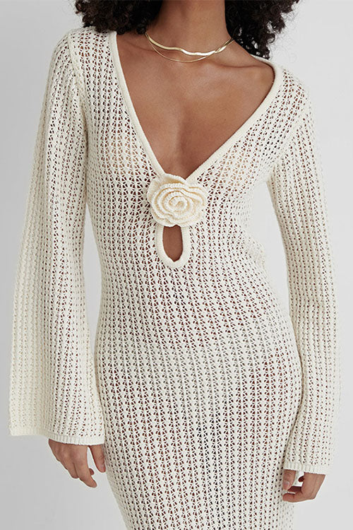 V Neck Long Sleeves Backless Crochet Hollow Out Knit Maxi Dress
