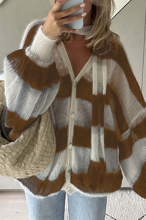 Moxidress Lantern Sleeves Button Down Color Block Stripes Sweater With Scarf