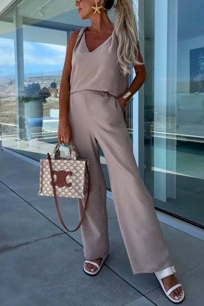 V Neck Sleeveless Top Wide Leg Pockets Pants Set