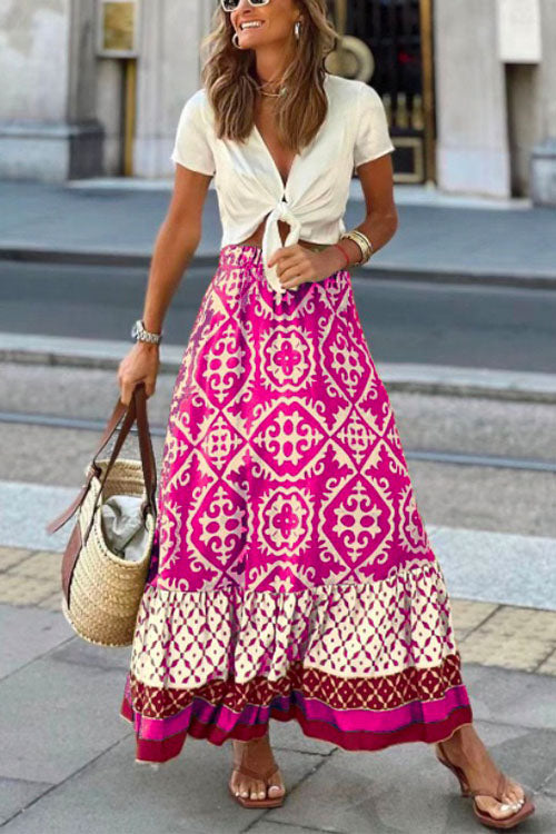Bohemia Printed Elastic Waist Ruffle Maxi Swing Skirt